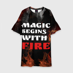 Детское платье 3D с принтом Волшебство начинается с огня в Екатеринбурге, 100% полиэстер | прямой силуэт, чуть расширенный к низу. Круглая горловина, на рукавах — воланы | fire | magic | magic begins with fire | алфавит | английский | большие | буквы | волшебство | горит | клевая | надпись | начинается | огонь | пожар | прикольная | с огня | слово | цитата