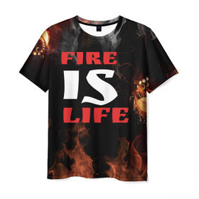 Мужская футболка 3D с принтом Fire is life (Огонь это жизнь) в Екатеринбурге, 100% полиэфир | прямой крой, круглый вырез горловины, длина до линии бедер | fire | is | life | алфавит | английский | большие | буквы | горит | жар | клевая | надпись | огонь | огонь это жизнь | пламя | пожар | полымя | прикольная | пыл | свет | слово | цитата