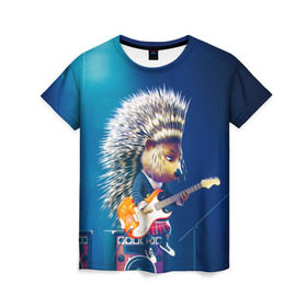 Женская футболка 3D с принтом Животный рок в Екатеринбурге, 100% полиэфир ( синтетическое хлопкоподобное полотно) | прямой крой, круглый вырез горловины, длина до линии бедер | бас | гитара | дикобраз | еж | ежик | колонки | музыка | рок