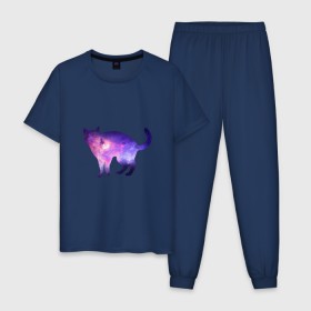 Мужская пижама хлопок с принтом Cat galaxy в Екатеринбурге, 100% хлопок | брюки и футболка прямого кроя, без карманов, на брюках мягкая резинка на поясе и по низу штанин
 | космос | кошка | силуэт