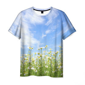 Мужская футболка 3D с принтом Ромашковое поле в Екатеринбурге, 100% полиэфир | прямой крой, круглый вырез горловины, длина до линии бедер | желтый | красный | любовь | новинки | подарок | розы | сердце | текстура | тюльпаны | цветы
