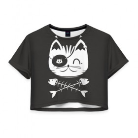 Женская футболка 3D укороченная с принтом Кот пират в Екатеринбурге, 100% полиэстер | круглая горловина, длина футболки до линии талии, рукава с отворотами | кот | пират | рыба | скелет