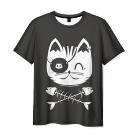 Мужская футболка 3D с принтом Кот пират в Екатеринбурге, 100% полиэфир | прямой крой, круглый вырез горловины, длина до линии бедер | Тематика изображения на принте: кот | пират | рыба | скелет