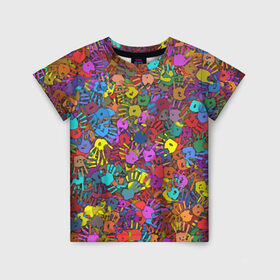 Детская футболка 3D с принтом Разноцветные отпечатки рук в Екатеринбурге, 100% гипоаллергенный полиэфир | прямой крой, круглый вырез горловины, длина до линии бедер, чуть спущенное плечо, ткань немного тянется | Тематика изображения на принте: клякса | краски | ладонь | пятна | рука | холи | цвет | цветные