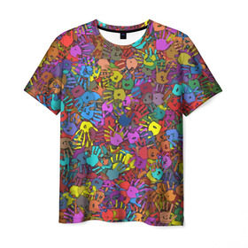 Мужская футболка 3D с принтом Разноцветные отпечатки рук в Екатеринбурге, 100% полиэфир | прямой крой, круглый вырез горловины, длина до линии бедер | Тематика изображения на принте: клякса | краски | ладонь | пятна | рука | холи | цвет | цветные