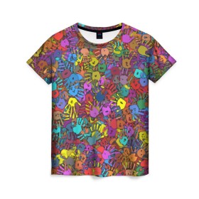 Женская футболка 3D с принтом Разноцветные отпечатки рук в Екатеринбурге, 100% полиэфир ( синтетическое хлопкоподобное полотно) | прямой крой, круглый вырез горловины, длина до линии бедер | клякса | краски | ладонь | пятна | рука | холи | цвет | цветные