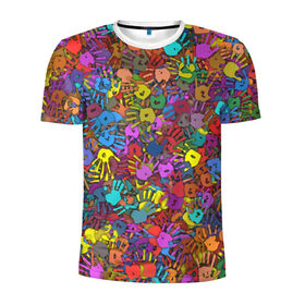 Мужская футболка 3D спортивная с принтом Разноцветные отпечатки рук в Екатеринбурге, 100% полиэстер с улучшенными характеристиками | приталенный силуэт, круглая горловина, широкие плечи, сужается к линии бедра | клякса | краски | ладонь | пятна | рука | холи | цвет | цветные