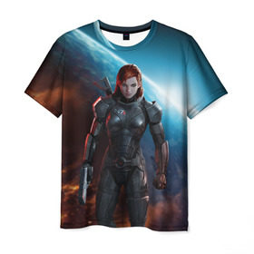 Мужская футболка 3D с принтом Mass Effect в Екатеринбурге, 100% полиэфир | прямой крой, круглый вырез горловины, длина до линии бедер | Тематика изображения на принте: n7 | shepard | галактика | жнец | космос | масс | нормандия | планета | шепард | эффект