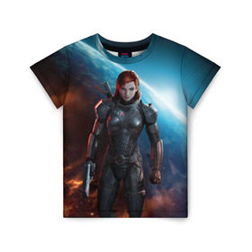 Детская футболка 3D с принтом Mass Effect в Екатеринбурге, 100% гипоаллергенный полиэфир | прямой крой, круглый вырез горловины, длина до линии бедер, чуть спущенное плечо, ткань немного тянется | Тематика изображения на принте: n7 | shepard | галактика | жнец | космос | масс | нормандия | планета | шепард | эффект