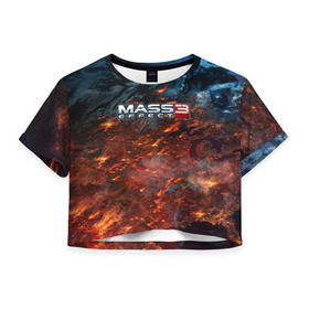Женская футболка 3D укороченная с принтом Mass Effect в Екатеринбурге, 100% полиэстер | круглая горловина, длина футболки до линии талии, рукава с отворотами | n7 | shepard | галактика | жнец | космос | масс | нормандия | планета | шепард | эффект