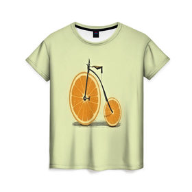 Женская футболка 3D с принтом Апельсиновый велосипед в Екатеринбурге, 100% полиэфир ( синтетическое хлопкоподобное полотно) | прямой крой, круглый вырез горловины, длина до линии бедер | 