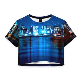 Женская футболка 3D укороченная с принтом Panoramic Urban в Екатеринбурге, 100% полиэстер | круглая горловина, длина футболки до линии талии, рукава с отворотами | высотки | город | здания | ночь | страны | сша