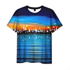 Мужская футболка 3D с принтом Вечерний город в Екатеринбурге, 100% полиэфир | прямой крой, круглый вырез горловины, длина до линии бедер | закат | пейзаж | яркий