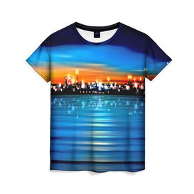Женская футболка 3D с принтом Вечерний город в Екатеринбурге, 100% полиэфир ( синтетическое хлопкоподобное полотно) | прямой крой, круглый вырез горловины, длина до линии бедер | закат | пейзаж | яркий