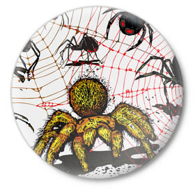 Значок с принтом Тарантул в Екатеринбурге,  металл | круглая форма, металлическая застежка в виде булавки | Тематика изображения на принте: spider | паук | паутина | тарантул