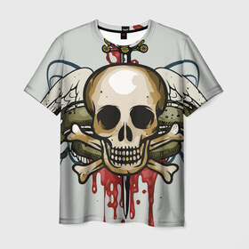 Мужская футболка 3D с принтом Череп в Екатеринбурге, 100% полиэфир | прямой крой, круглый вырез горловины, длина до линии бедер | vppdgryphon | кинжал | кости | кровь | меч | череп