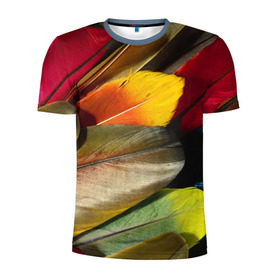 Мужская футболка 3D спортивная с принтом Перья в Екатеринбурге, 100% полиэстер с улучшенными характеристиками | приталенный силуэт, круглая горловина, широкие плечи, сужается к линии бедра | Тематика изображения на принте: перо | попугай | птица | радуга | радужный