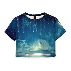 Женская футболка 3D укороченная с принтом Падение звёзд в Екатеринбурге, 100% полиэстер | круглая горловина, длина футболки до линии талии, рукава с отворотами | звездопад | месяц | ночь | пейзаж