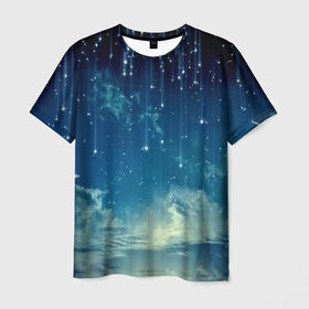 Мужская футболка 3D с принтом Падение звёзд в Екатеринбурге, 100% полиэфир | прямой крой, круглый вырез горловины, длина до линии бедер | звездопад | месяц | ночь | пейзаж