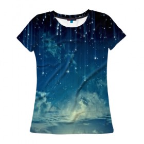 Женская футболка 3D с принтом Падение звёзд в Екатеринбурге, 100% полиэфир ( синтетическое хлопкоподобное полотно) | прямой крой, круглый вырез горловины, длина до линии бедер | звездопад | месяц | ночь | пейзаж