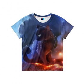 Детская футболка 3D с принтом Night cat в Екатеринбурге, 100% гипоаллергенный полиэфир | прямой крой, круглый вырез горловины, длина до линии бедер, чуть спущенное плечо, ткань немного тянется | киска | кот | котёнок | кошка | небо | ночь | облака | огонь