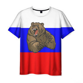 Мужская футболка 3D с принтом Медведь в Екатеринбурге, 100% полиэфир | прямой крой, круглый вырез горловины, длина до линии бедер | медведь | триколор | я русский