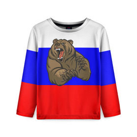 Детский лонгслив 3D с принтом Медведь в Екатеринбурге, 100% полиэстер | длинные рукава, круглый вырез горловины, полуприлегающий силуэт
 | медведь | триколор | я русский