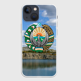 Чехол для iPhone 13 mini с принтом Узбекистан в Екатеринбурге,  |  | герб | гора | горы | озеро | природа | республика | узбекская сср