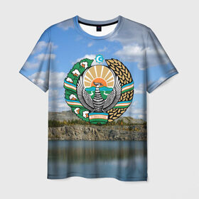 Мужская футболка 3D с принтом Узбекистан в Екатеринбурге, 100% полиэфир | прямой крой, круглый вырез горловины, длина до линии бедер | герб | гора | горы | озеро | природа | республика | узбекская сср