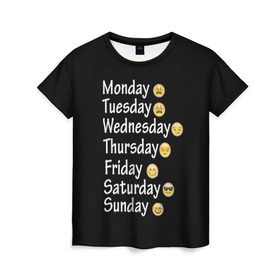 Женская футболка 3D с принтом футболка настроение дни недели в Екатеринбурге, 100% полиэфир ( синтетическое хлопкоподобное полотно) | прямой крой, круглый вырез горловины, длина до линии бедер | дни недели | настроение | позитив | смайлики