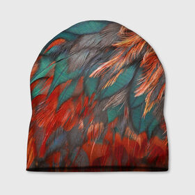 Шапка 3D с принтом Камуфляж перья в Екатеринбурге, 100% полиэстер | универсальный размер, печать по всей поверхности изделия | зеленые | красные | перья | птица