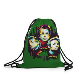 Рюкзак-мешок 3D с принтом Green Day в Екатеринбурге, 100% полиэстер | плотность ткани — 200 г/м2, размер — 35 х 45 см; лямки — толстые шнурки, застежка на шнуровке, без карманов и подкладки | Тематика изображения на принте: american idiot | green day | грин дей | грин дэй
