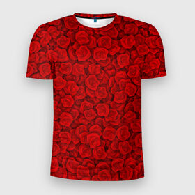 Мужская футболка 3D спортивная с принтом Красные розы в Екатеринбурге, 100% полиэстер с улучшенными характеристиками | приталенный силуэт, круглая горловина, широкие плечи, сужается к линии бедра | Тематика изображения на принте: 
