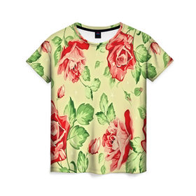 Женская футболка 3D с принтом Розочки в Екатеринбурге, 100% полиэфир ( синтетическое хлопкоподобное полотно) | прямой крой, круглый вырез горловины, длина до линии бедер | Тематика изображения на принте: паттерн | цветы