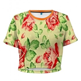 Женская футболка 3D укороченная с принтом Розочки в Екатеринбурге, 100% полиэстер | круглая горловина, длина футболки до линии талии, рукава с отворотами | Тематика изображения на принте: паттерн | цветы