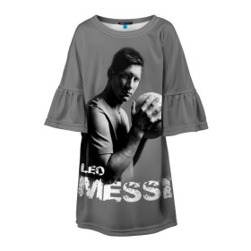 Детское платье 3D с принтом Leo Messi в Екатеринбурге, 100% полиэстер | прямой силуэт, чуть расширенный к низу. Круглая горловина, на рукавах — воланы | barcelona | spanish | аргентина | барселона | испания | лео | месси | мяч | футбол | футболист