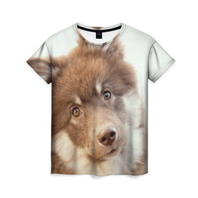 Женская футболка 3D с принтом Милый в Екатеринбурге, 100% полиэфир ( синтетическое хлопкоподобное полотно) | прямой крой, круглый вырез горловины, длина до линии бедер | друг человека | животное | красивая | маленький | милая | милый взгляд | пес | песик | породистая собака | породы | прикольная | рыжий | щенок