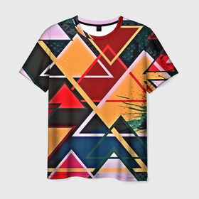 Мужская футболка 3D с принтом similar triangles в Екатеринбурге, 100% полиэфир | прямой крой, круглый вырез горловины, длина до линии бедер | абстракция | бумага | геометрия | грани | изгиб | линии | оптические | полигоны | полосы | постель | розовый | сочетания | текстура | треугольники