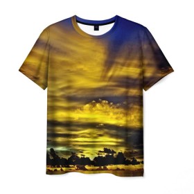 Мужская футболка 3D с принтом Мальдивы в Екатеринбурге, 100% полиэфир | прямой крой, круглый вырез горловины, длина до линии бедер | берег | бунгало | ветки | горизонт | города | закат | корабль | мальдивы | море | отдых | пальмы | песок | пирс | страны | тропики