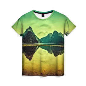 Женская футболка 3D с принтом Новая Зеландия в Екатеринбурге, 100% полиэфир ( синтетическое хлопкоподобное полотно) | прямой крой, круглый вырез горловины, длина до линии бедер | humboldt | горы | деревья | долина | зелень | лес | небо | новая зеландия | облака | панорама | река | солнечно