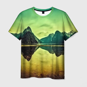 Мужская футболка 3D с принтом Новая Зеландия в Екатеринбурге, 100% полиэфир | прямой крой, круглый вырез горловины, длина до линии бедер | humboldt | горы | деревья | долина | зелень | лес | небо | новая зеландия | облака | панорама | река | солнечно