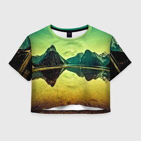 Женская футболка 3D укороченная с принтом Новая Зеландия в Екатеринбурге, 100% полиэстер | круглая горловина, длина футболки до линии талии, рукава с отворотами | humboldt | горы | деревья | долина | зелень | лес | небо | новая зеландия | облака | панорама | река | солнечно