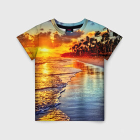 Детская футболка 3D с принтом Гавайи в Екатеринбурге, 100% гипоаллергенный полиэфир | прямой крой, круглый вырез горловины, длина до линии бедер, чуть спущенное плечо, ткань немного тянется | hawaii | гавайи | газон | горизонт | море | небо | облака | пальмы | побережье | скалы | солнце | сша | тропики