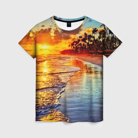 Женская футболка 3D с принтом Гавайи в Екатеринбурге, 100% полиэфир ( синтетическое хлопкоподобное полотно) | прямой крой, круглый вырез горловины, длина до линии бедер | hawaii | гавайи | газон | горизонт | море | небо | облака | пальмы | побережье | скалы | солнце | сша | тропики