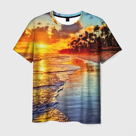 Мужская футболка 3D с принтом Гавайи в Екатеринбурге, 100% полиэфир | прямой крой, круглый вырез горловины, длина до линии бедер | hawaii | гавайи | газон | горизонт | море | небо | облака | пальмы | побережье | скалы | солнце | сша | тропики