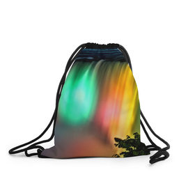 Рюкзак-мешок 3D с принтом Цветной водопад в Екатеринбурге, 100% полиэстер | плотность ткани — 200 г/м2, размер — 35 х 45 см; лямки — толстые шнурки, застежка на шнуровке, без карманов и подкладки | niagara | ниагара | подсветка | яркий