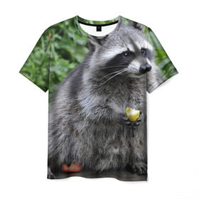 Мужская футболка 3D с принтом Енот обжора в Екатеринбурге, 100% полиэфир | прямой крой, круглый вырез горловины, длина до линии бедер | барсук | добрый | енот | животное | зверек | зверь | красивый | крошка | милое | милый | полоски серые | полоскун | прикольный | природа | скунс | усатый | фауна | флора | хищник | черный | шерсть
