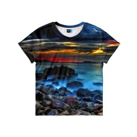 Детская футболка 3D с принтом Скалистый берег в Екатеринбурге, 100% гипоаллергенный полиэфир | прямой крой, круглый вырез горловины, длина до линии бедер, чуть спущенное плечо, ткань немного тянется | закат | море | небо | пейзаж | пестрый