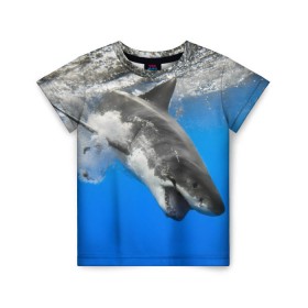 Детская футболка 3D с принтом Акула в Екатеринбурге, 100% гипоаллергенный полиэфир | прямой крой, круглый вырез горловины, длина до линии бедер, чуть спущенное плечо, ткань немного тянется | shark | море | синий | челюсти