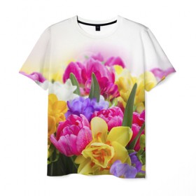 Мужская футболка 3D с принтом Нежность в Екатеринбурге, 100% полиэфир | прямой крой, круглый вырез горловины, длина до линии бедер | желтый | красный | любовь | новинки | подарок | розы | сердце | текстура | тюльпаны | цветы